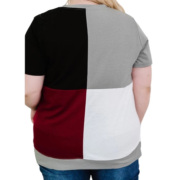 WINE RED WHITE GRAY BLACK CREW NECK COLOR BLOCK TOP SIZE 1X 14-16 - Picture 2 of 9